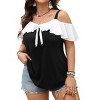 Women's Plus Size Bow Cold Shoulder Tee Shirt Ruffle Short Sleeve Tunic Tops - 3 of 4