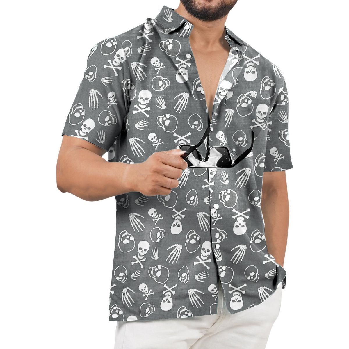 HAPPY BAY Mens Hawaiian Short Sleeve Button Down Shirt Halloween Costumes Shirt Linen Effect Holiday Shirts for Men XXL Gray, Skull