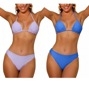 INSPIRE CHIC Women's Halter Solid Ruched Self-Tie Back Swimwear with Bottoms Bikini Combination Sets - 1 of 4