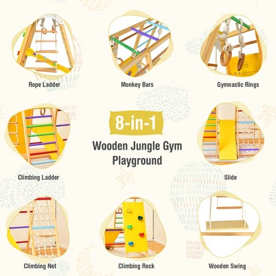 Colorful Wooden 8-in-1 Indoor Jungle Gym with Slide