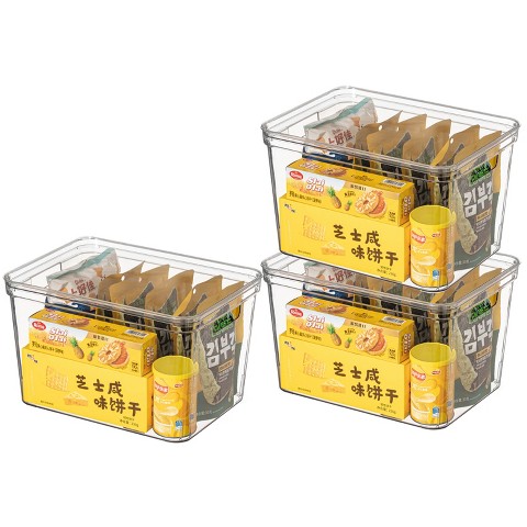 Basicwise Large Set of 3 Clear Storage Container with Lid For Kitchen Pantry Cabinet & Fridge For Organizing, Durable Bin For Home or Office Use