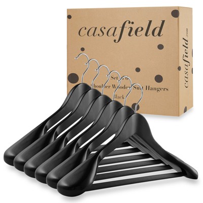 Black Wide Shoulder Wooden Suit Hangers with Non-Slip Bar, Set of 6