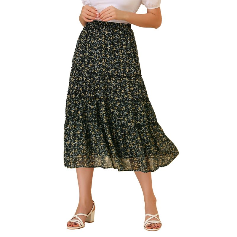 Allegra K Women's Floral Elastic Waist Tiered Ruffle Boho Midi Skirts, 1 of 8
