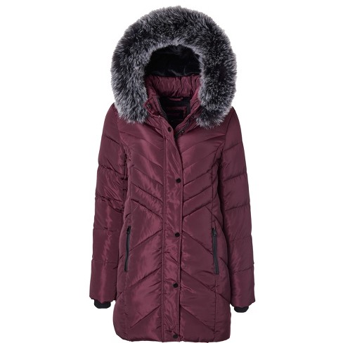 Sportoli Women Long Quilted Plush Lined Outerwear Puffer Jacket Winter Coat  with Fur Hood - Wine (3X)