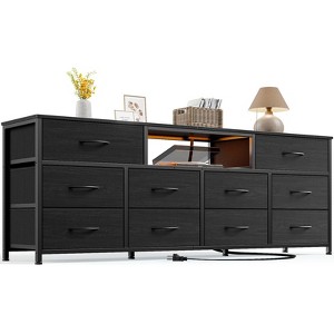 63” Long Dresser TV Stand for 65 to 75 inch TV Black Dresser with 10 Fabric Drawers Chest Closet Center with Power Outlet LED Light - 1 of 4