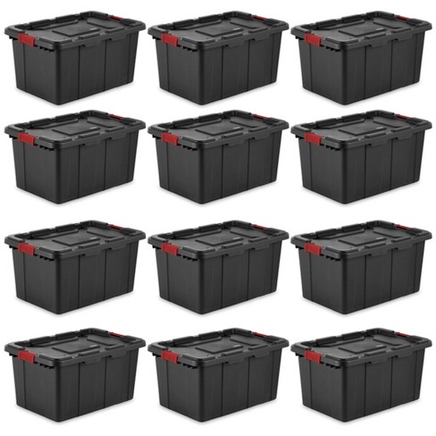 Hyper Tough 12 Gallon Snap Lid Storage Bin Container, Black with Red Lid,  Set of 4