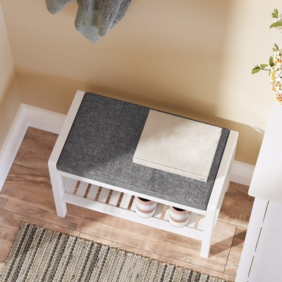 White Bamboo Shoe Rack Bench with Gray Upholstered Cushion