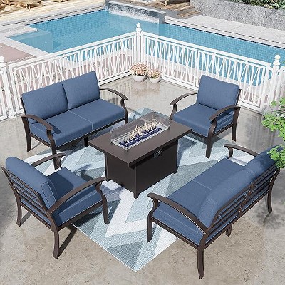 ALAULM Aluminum Patio Furniture Set Modern Metal Outdoor Conversation Sets w/45in Propane Fire Pit Table, Patio Sectional Sofa w/5.1 Inch Cushion