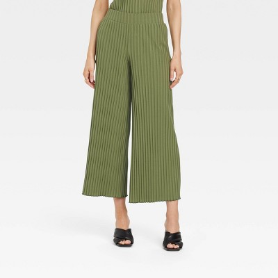 Women&#39;s High-Rise Wide Leg Ribbed Ankle Pants - A New Day&#8482; Green L