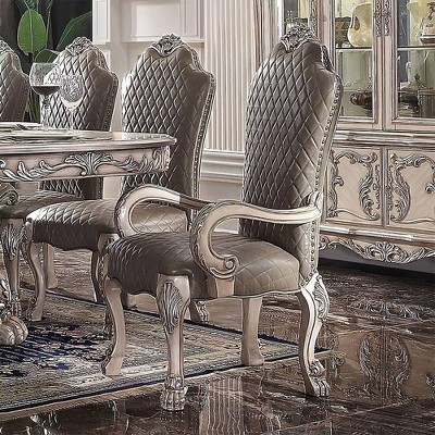 Elegant Beige Floral Carved Wood Dining Arm Chair, Set of 2