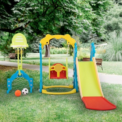 Infurnic Doll Playsets 5 in 1 Slide and Swing Playing Set 2 Basketball Hoops, Football, Ringtoss, Indoor Outdoor, Blue Yellow, 76.77"*46.00"*45.67"