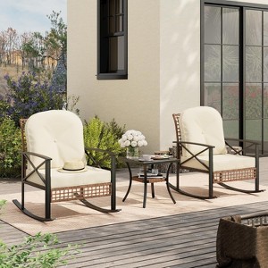3 Piece Outdoor Rocking Bistro Set, Patio Rattan Conversation Set - 1 of 4