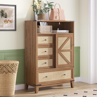 Rattan Storage Cabinet with 4 Drawers & Sliding Door, Buffet Sideboard Cabinet, Brown Rattan