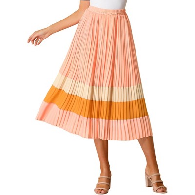 Allegra K Women's Elastic Waist Color Block A-line Midi Pleated Chiffon ...