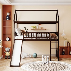 NicBex Twin Size Bunk Bed House Shape Loft Bed Pine Bed Frame with Full Length Guardrail, Slide and Ladder, No Box Spring Required - 1 of 4