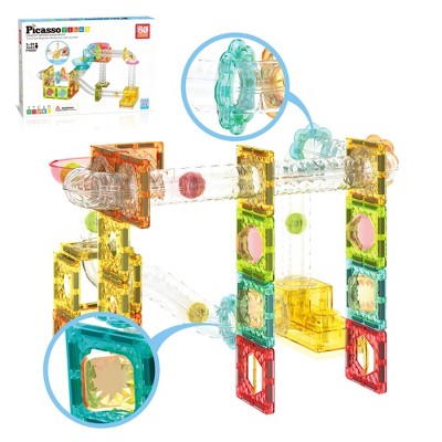 PICASSO-TILES 80 Pc Mini Marble Run Magnetic Tiles, Race Track Building Blocks, Educational STEM Toy for Kids