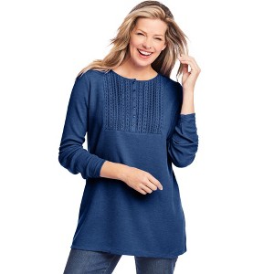 Woman Within Women's Plus Size Washed Thermal Lace Bib Henley Tee - 1 of 4