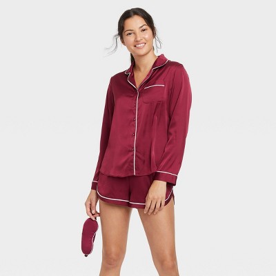 Women's 3pc Satin Long Sleeve Notch Collar Top and Shorts Pajama Set with Eye Mask - Stars Above™ Red L