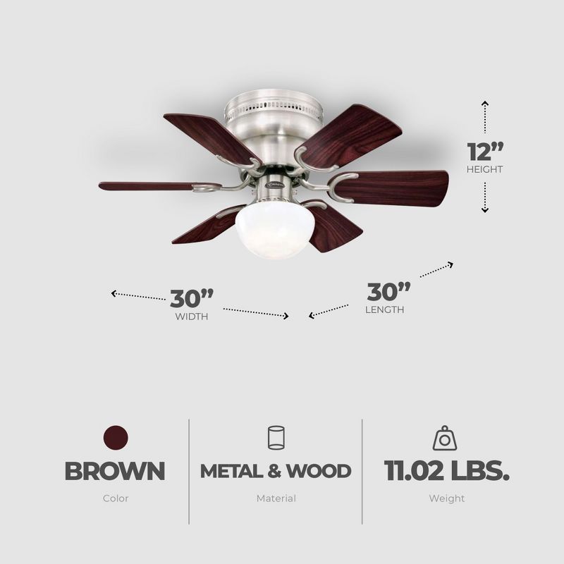 Westinghouse Hadley 30 Inch Brushed Nickel Finish Ceiling Fan with 6 Reversible Blades and Bowl Light Kit with 1 Candelabra Base Light Bulb, 3 of 7