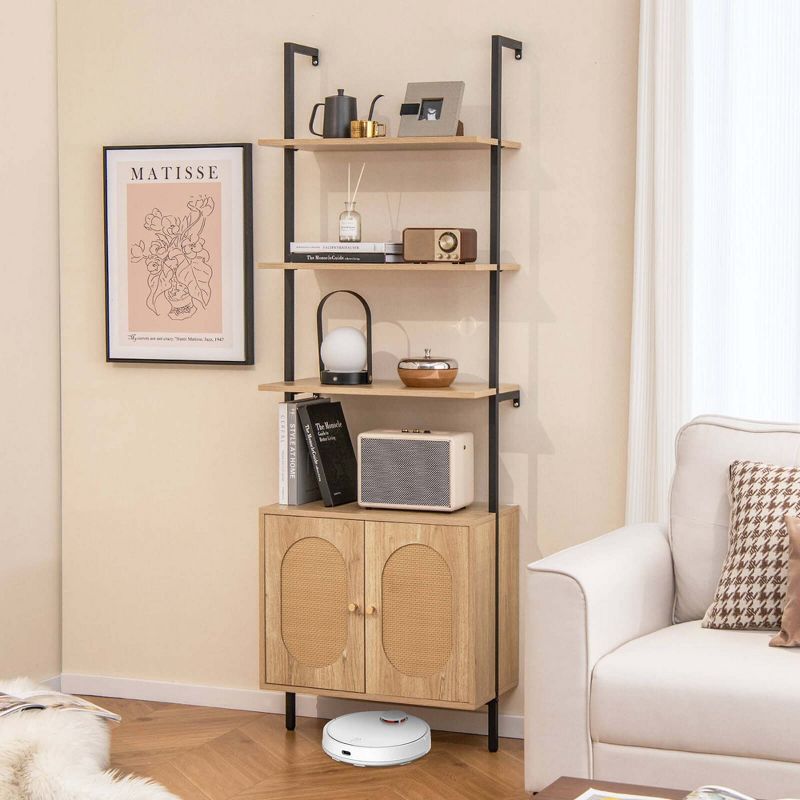 Costway 1/2 PCS Ladder Bookshelf with Rattan Cabinet 71" Tall Wall Mounted Bookcase Natural, 2 of 11