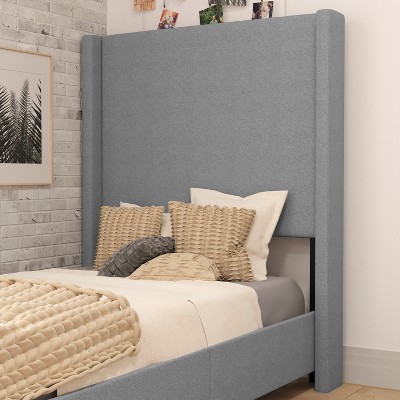 Quinn Twin Gray Linen Upholstered Platform Bed with Wingback Headboard