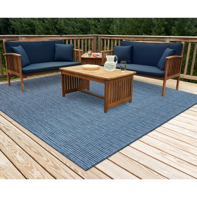 Navy Stripe Flat Woven Synthetic Square Indoor/Outdoor Rug