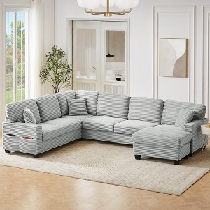 125.2" U-Shaped Sectional Sofa - Modular Corduroy Couch with Movable Ottoman & Side Storage Pockets-- Frevyn - 1 of 4