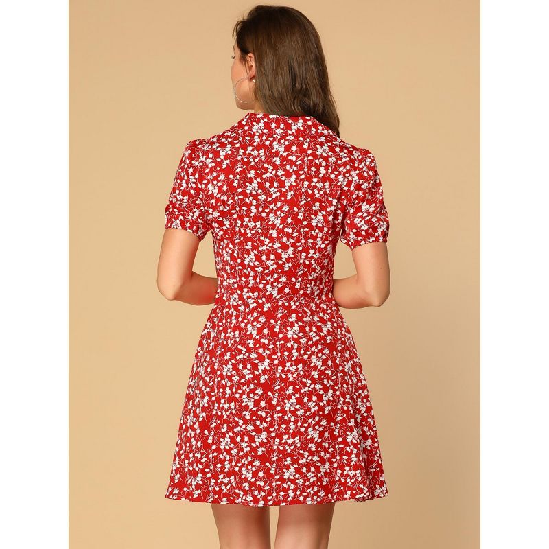 Allegra K Women's Button Up Short Sleeve A-Line Chiffon Vintage Floral Shirt Dress, 5 of 7