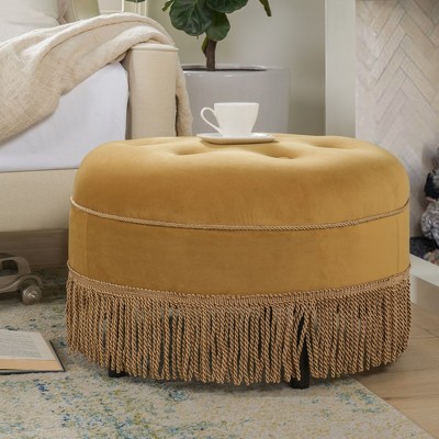 Bright Chartreuse Linen Cotton Blend Round Tufted Ottoman with Ivory Trim