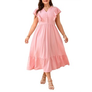 Coolmee Women's Summer Plus Size Maxi Dresses Casual Cap Ruffle Sleeve V Neck Button Ruffle Boho Long Sumdress with Pockets - 1 of 1