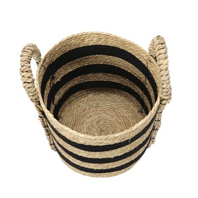 Braided Black & Natural Seagrass Round Storage Basket with Iron Handles