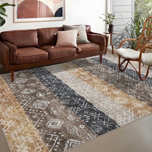 Vintage Boho Geometric Area Rug with Non-Slip Backing, Soft Foldable Low Pile Non-Slip Indoor Floor Carpet - 1 of 4