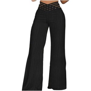 Women's Pants High Waisted Wide Leg Pants Criss Cross Waist Striped Trousers - 1 of 3