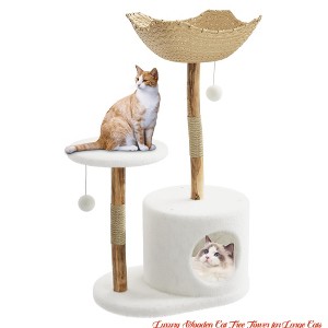 Luxury Wooden Cat Tree Tower for Large Cats – 41"/46" Modern Cat Condo w/ Natural Wood, Jute Scratching Posts, Spacious Woven Basket - 1 of 4