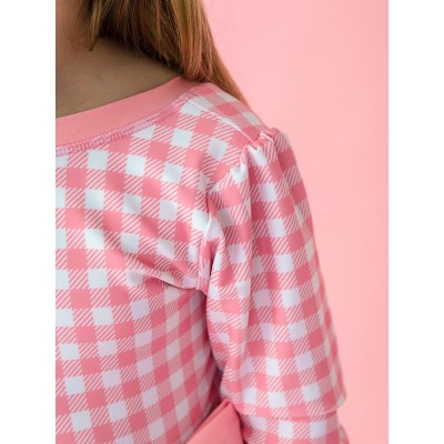 RuffleButts Girls UPF50+ Long Sleeve One Piece Bow Peplum Rash Guard Swimsuit - Bubblegum Pink Gingham, 6 — фото 5
