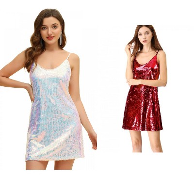 Allegra K Women's Glitter Sequin Spaghetti Strap V Neck Cocktail Sparkly Mini Dress 2 Packs