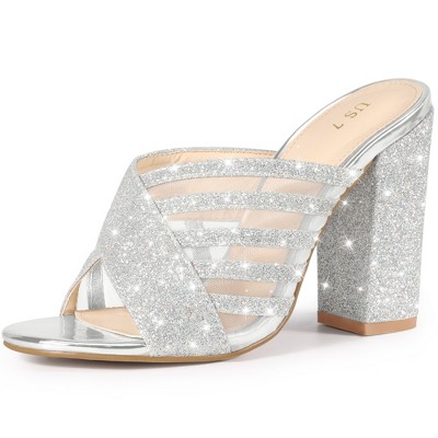 BLISSFUL STEP Women's Glitter Chunky Heel Open Toe Slide Sandals