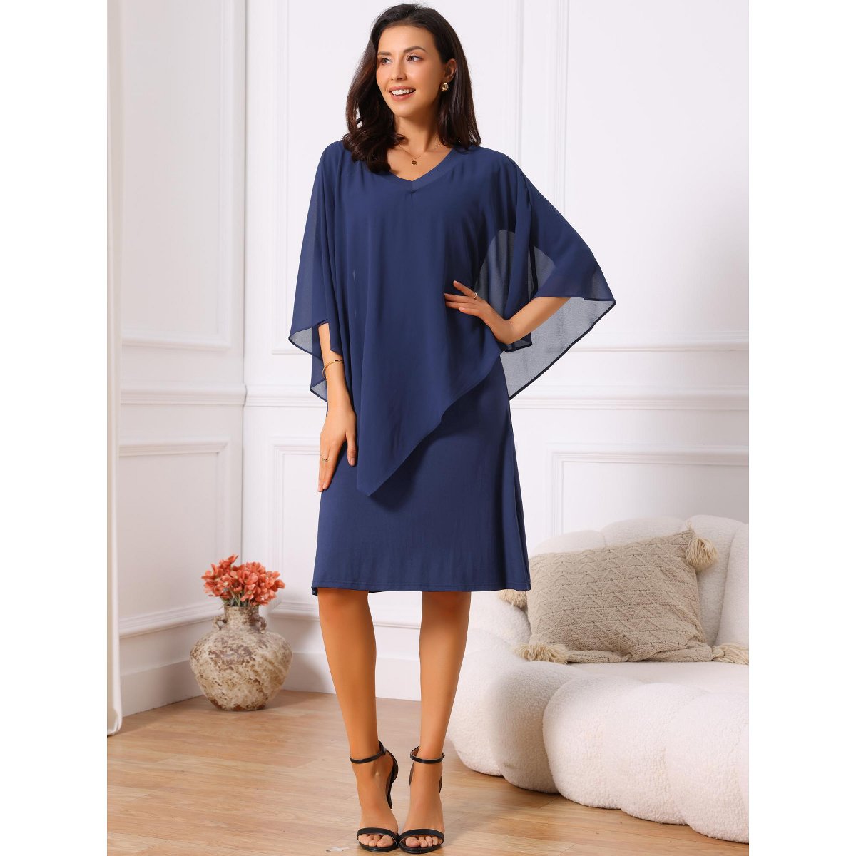 Женские платья INSPIRE CHIC Women's Chiffon Cape Overlay Bodycon 3/4 Sleeve V Neck Pencil Dress Medium Dark Blue — фото 5
