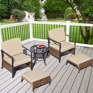 Costway 5PCS Patio Wicker Conversation Set Space Saving Cushions Chairs with Ottomans Table - 1 of 4