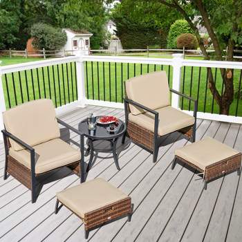 Costway 5PCS Patio Wicker Conversation Set Space Saving Cushions Chairs with Ottomans Table