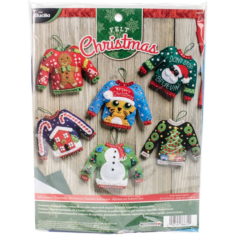 Bucilla Felt Ornaments Applique Kit Set Of 6-Ugly Sweater, 1 of 3