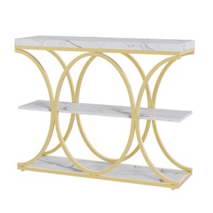 39 in Modern Console Table for Entryway, 3 Tier Wooden Sofa Table Behind Couch with Storage Shelves & Geometric Legs - 1 of 4
