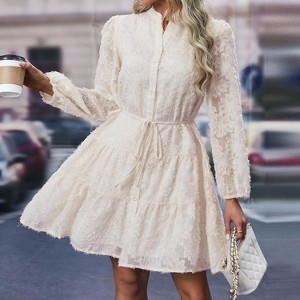 Womens Long Sleeve Fall Dresses Button Up Empire Waist with Belt A-Line Mini Dress Casual Fall Winter Dress - 1 of 4