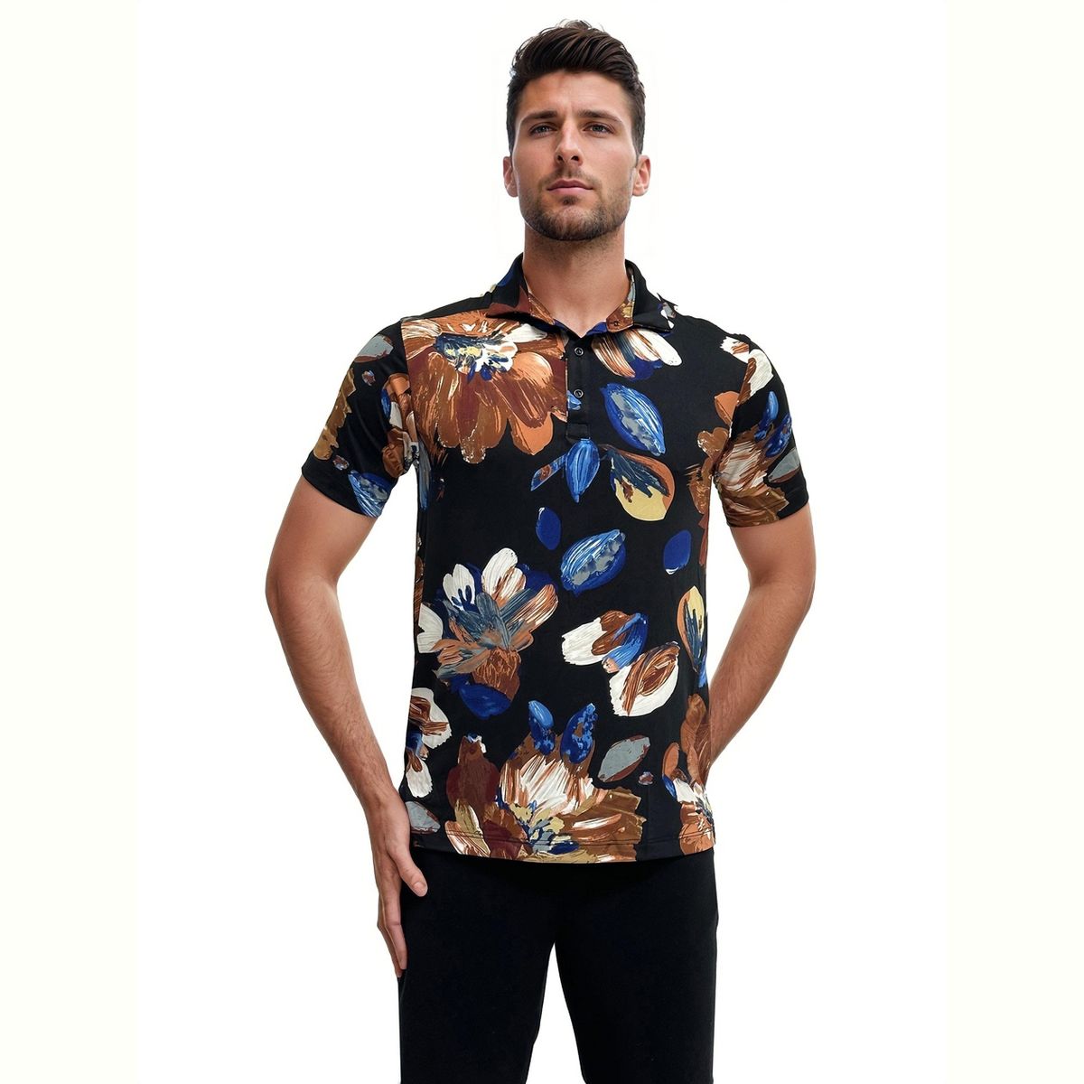 24seven men Wrinkle Resistant 3 Button Machine Washable Brown Floral Polo Shirt