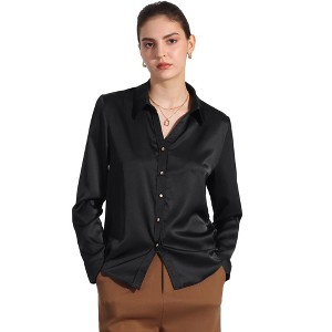 Allegra K Women's Work Office V Neck Button Down Long Sleeve Chiffon Blouse - 1 of 4