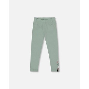Deux par Deux Girl Organic Cotton Jersey Leggings Jade Green with Floral Detail - 1 of 4