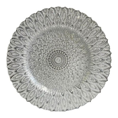 Essential Decor & Beyond 13.2" Modern Clear Glass Charger with Silver Pattern Set of 4