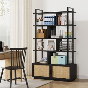 5 Tier Rattan Bookshelf with Storage Cabinet & Door, 71.1 Inch Tall Industrial Book Shelf with Open Display Shelves, 5 Shelf Bookcase with Metal Frame - 1 of 4
