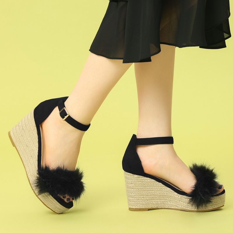 Allegra K Women's Espadrille Platform Heels Faux Fur Wedge Sandals, 2 of 7