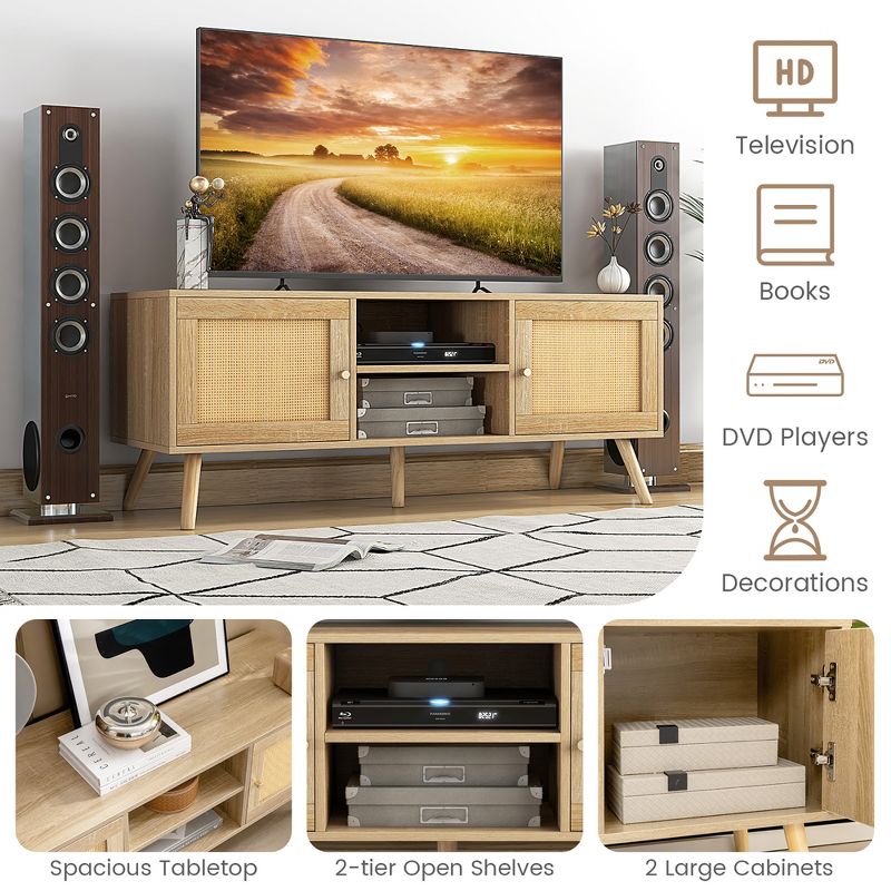 TV Stand for TVs up to 55" PE Rattan Media Console Table w/ 2 Cabinets & Open Shelves Natural, 4 of 9